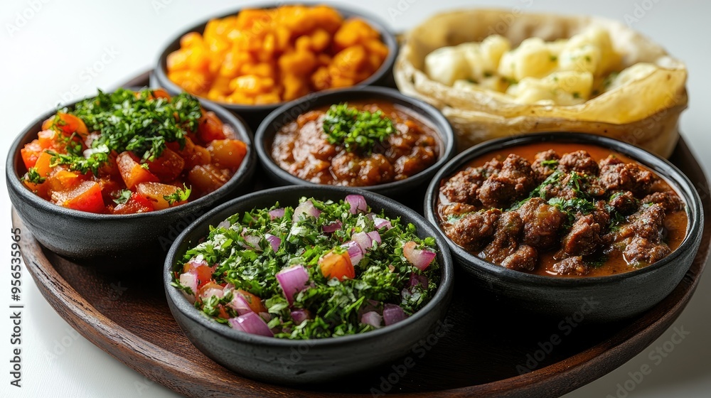 Ethiopian injera with assorted stews on a white background Ethiopian injera with assorted stews on a white background