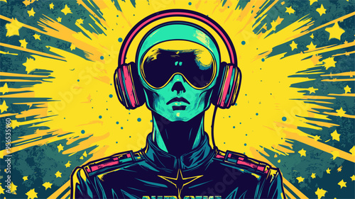 vector alien in headphones at a rave in yellow and blue colors in pin-up style on the background of rays .Generative AI