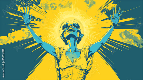 vector alien at rave in yellow blue colors in pinup style on background rays .Generative AI