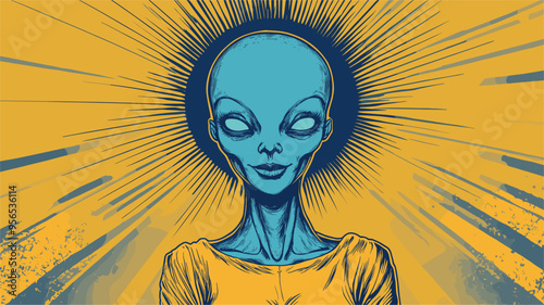 vector alien at rave in yellow blue colors in pinup style on background rays .Generative AI