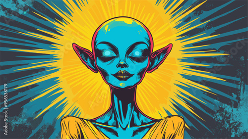 vector girl in yellow blue colors in pinup style on background rays .Generative AI