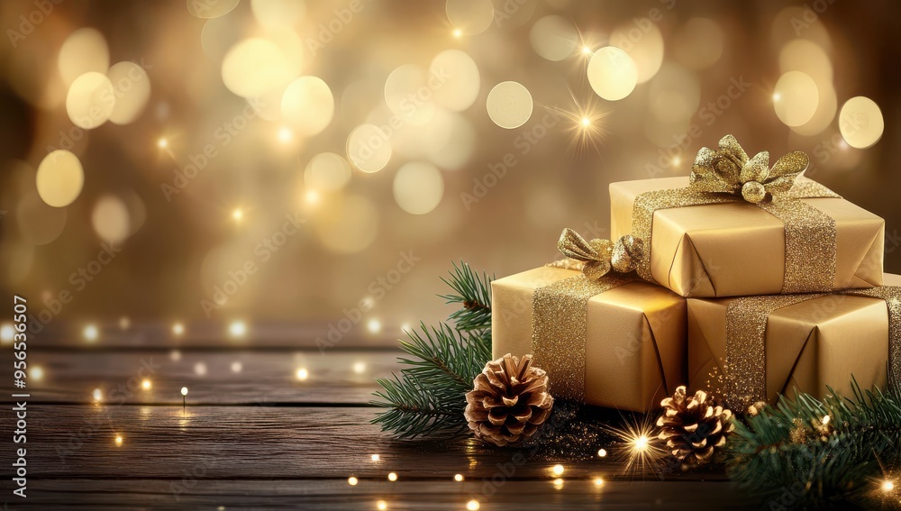 Christmas background with golden gift boxes, pine cones, and bokeh lights on wooden table Christmas background with golden gift boxes, pine cones, and bokeh lights on wooden table