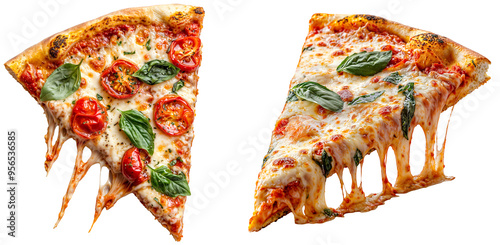 Close-up bundle of two slices of Margherita pizza with melted cheese, fresh basil, and cherry tomatoes on a transparent background, ideal for food photography, menus, and culinary design projects