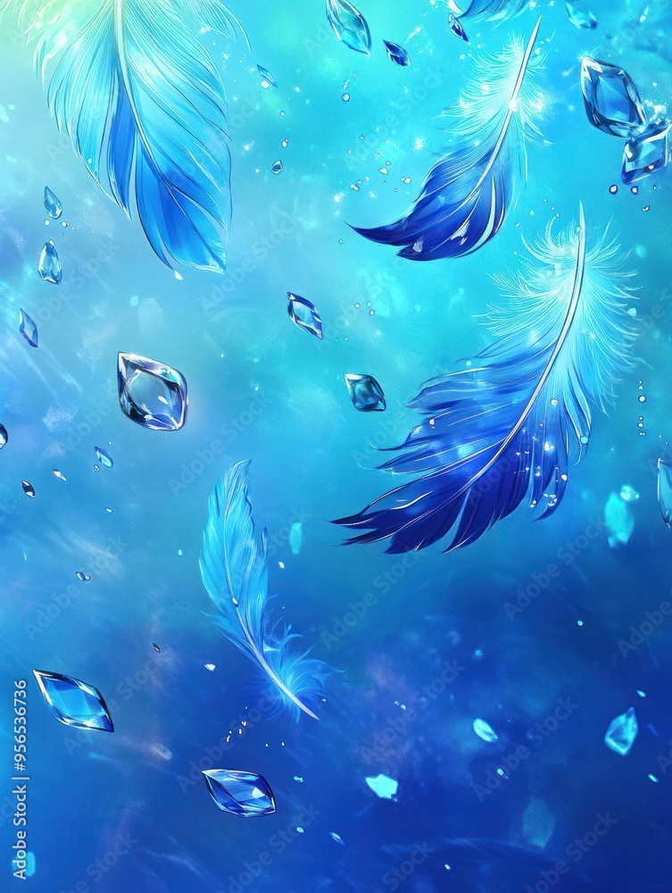 Group of blue feathers with glowing crystals in sky.