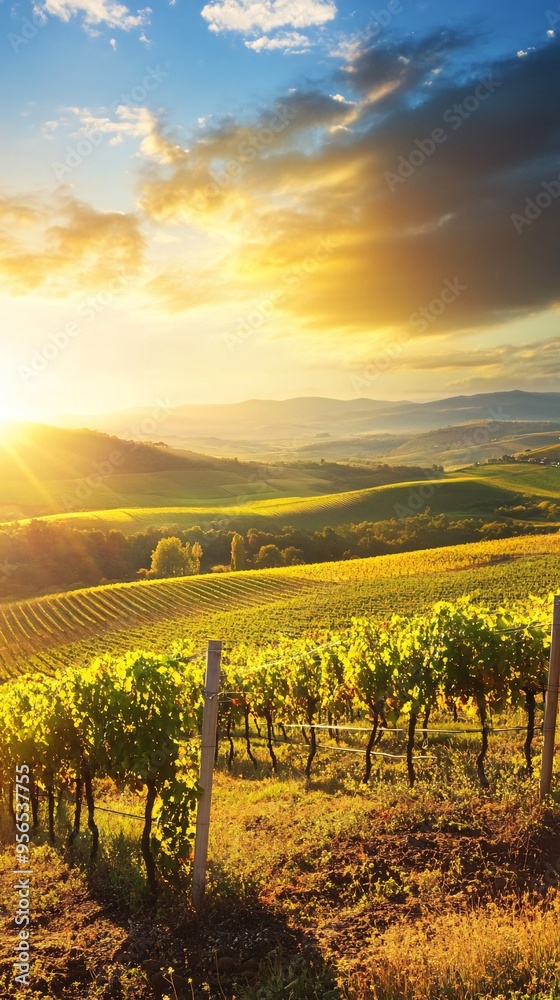 Fototapeta premium Sunset over a vineyard with rolling hills in the background.