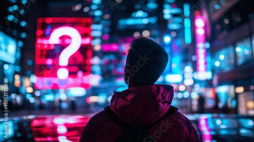 A person in a vibrant cityscape stares at a question mark formed by the lights of the skyscrapers, reflecting on the possibilities of urban life.