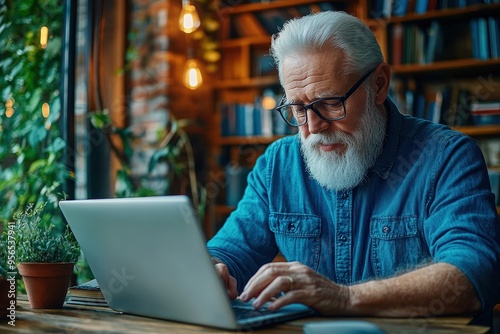 A person typing on a laptop in a cozy, rustic environment with wooden shelves filled with books and plants, lighting providing a warm and inviting atmosphere.