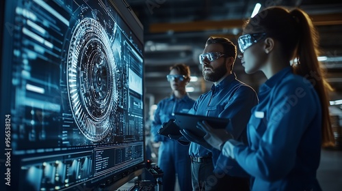 International Aerospace Research and Manufacturing Company Working on Turbine Jet Engine Engineer Having a Meeting with a Group of Multiethnic Scientists in a Room with Big Digital Scr : Generative AI photo