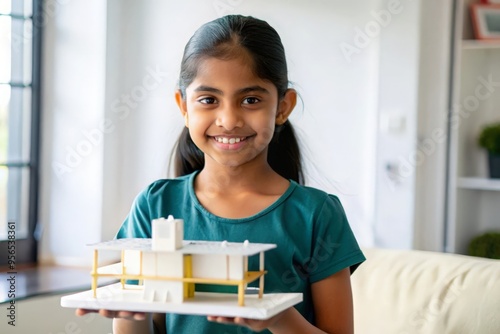 Indian Girl with School Project - A young Indian girl proudly holding a completed school project or science model.
 photo