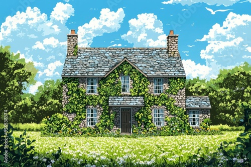 Stone Cottage Covered in Ivy with a Flower Garden in Front