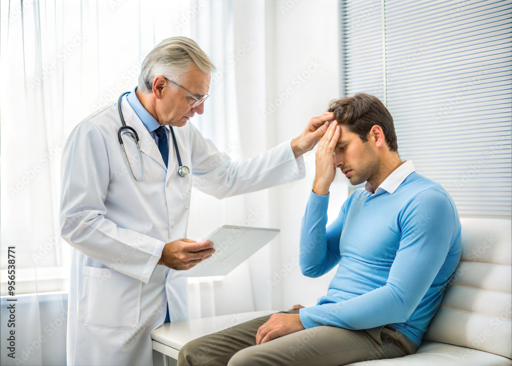Fototapeta premium Male doctor in white uniform examines male patient with headache in clinic.Health care and medicine concept
