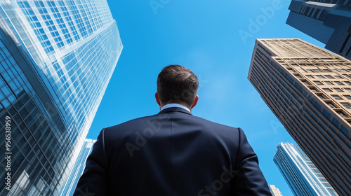 A businessman in a sharp suit gazes up at towering skyscrapers under a crisp blue sky, representing the heights of corporate achievement.