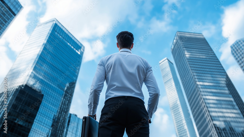 A businessman with a briefcase stands in front of a skyline filled with modern skyscrapers, the blue sky above him symbolizing clear vision and direction. A businessman with a briefcase stands in front of a skyline filled with modern skyscrapers, the blue sky above him symbolizing clear vision and direction.