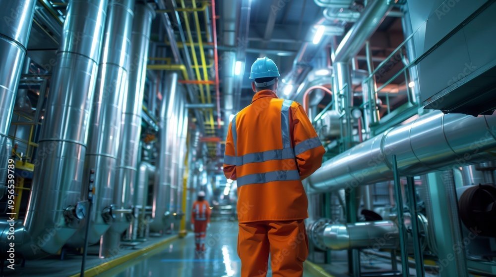 Industrial engineer inspecting factory pipe system while wearing hardhat and safety vest Industrial engineer inspecting factory pipe system while wearing hardhat and safety vest