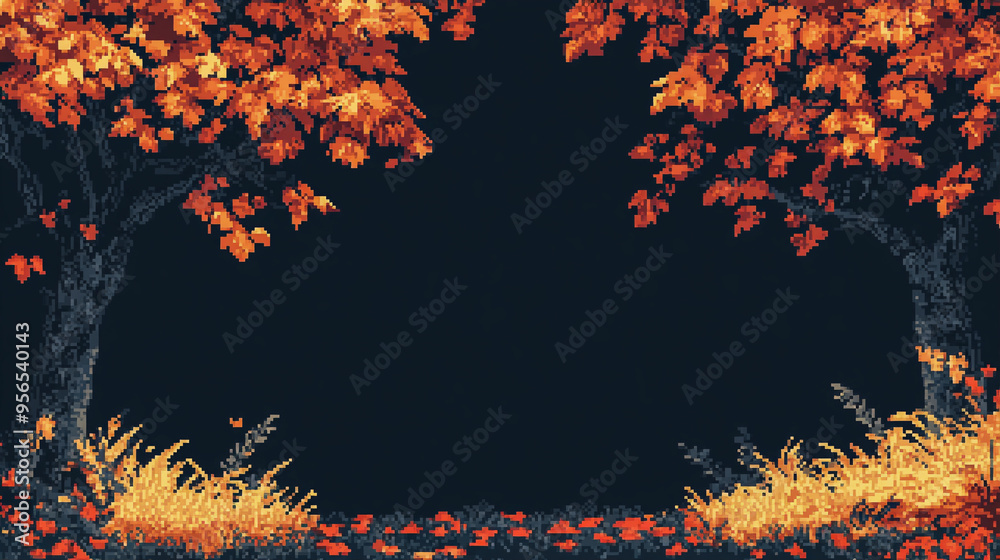 Autumn leaves on a black background, in a pixel art style, with white space between the elements, high resolution, and clear lines with no blur. 