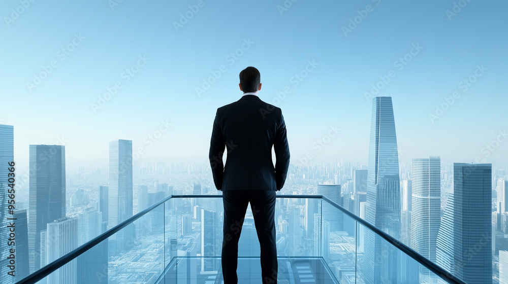 A businessman stands on a glass balcony, overlooking a cityscape filled with skyscrapers under a clear blue sky, representing oversight and strategic planning. A businessman stands on a glass balcony, overlooking a cityscape filled with skyscrapers under a clear blue sky, representing oversight and strategic planning.