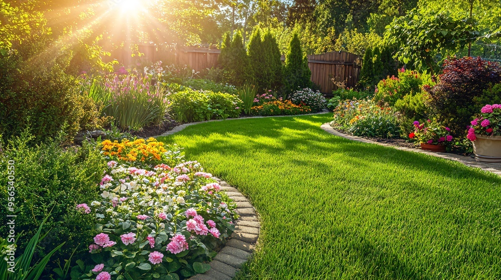 Fototapeta premium A well-kept lawn with lush green grass and colorful flowers in a home garden.