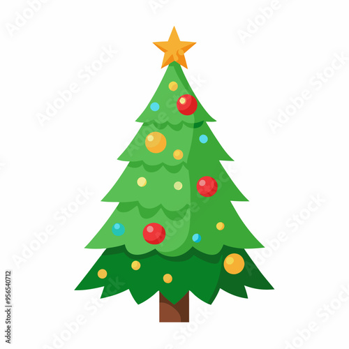 Christmas tree vector illustration, New Year Xmas tree icon on white background, decorated with light