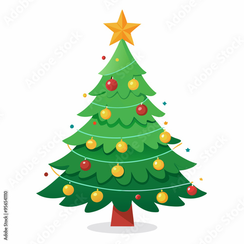 Christmas tree vector illustration, New Year Xmas tree icon on white background, decorated with light