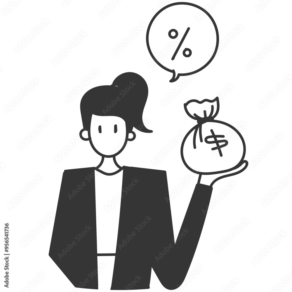 hand drawn doodle business woman holding money bag with percent sign