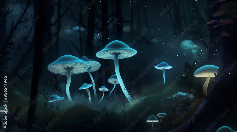Glowing Mushrooms In Dark Enchanted Woods Glowing Mushrooms In Dark Enchanted Woods