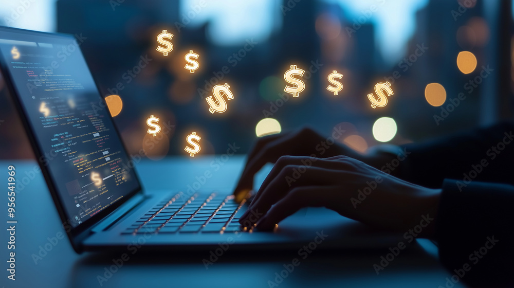 A business professional intently typing on a sleek laptop with golden dollar sign icons floating around, symbolizing online transactions, in a modern office with a blurred cityscap