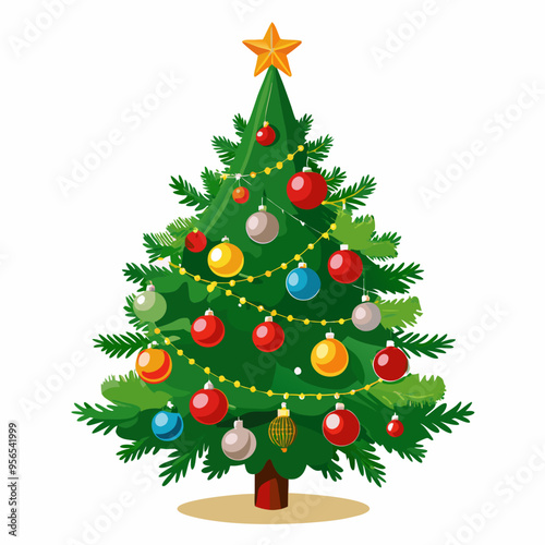 Christmas tree vector illustration, New Year Xmas tree icon on white background, decorated with light