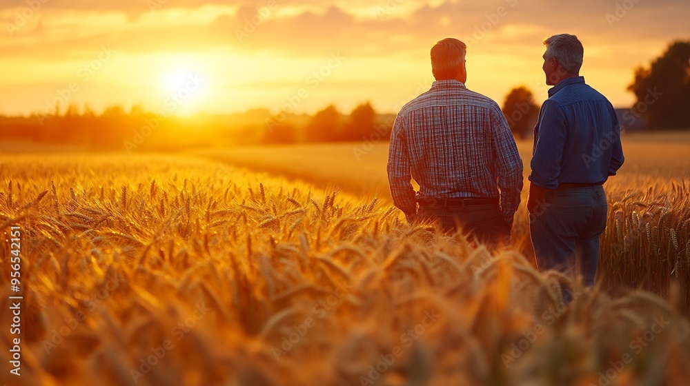 Fototapeta premium work two farmers field golden wheat sunset dialogue two farmers engineer deal sunset professional successful people discussing business selling wheat grown crops field summer ear wheat : Generative AI