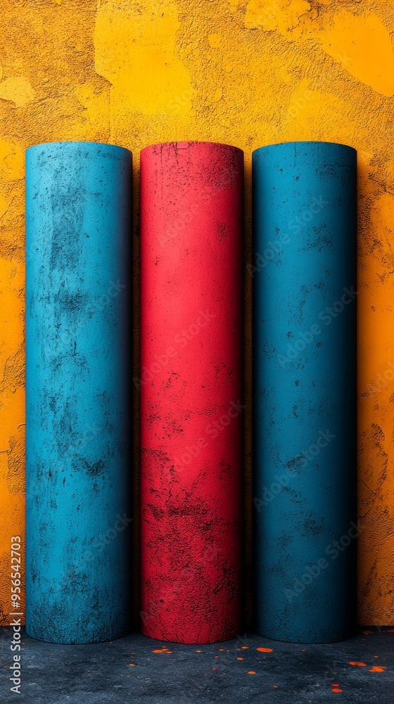 Three blue, red and yellow cylinders are stacked on top of each other Three blue, red and yellow cylinders are stacked on top of each other