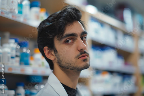 Smiling pharmacist standing behind the counter with shelves of medication in the background generative AI