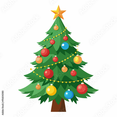 Christmas tree vector illustration, New Year Xmas tree icon on white background, decorated with light