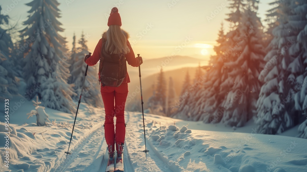 Woman gracefully skiing through a snowy forest at sunset, savoring the tranquil natural beauty Woman gracefully skiing through a snowy forest at sunset, savoring the tranquil natural beauty