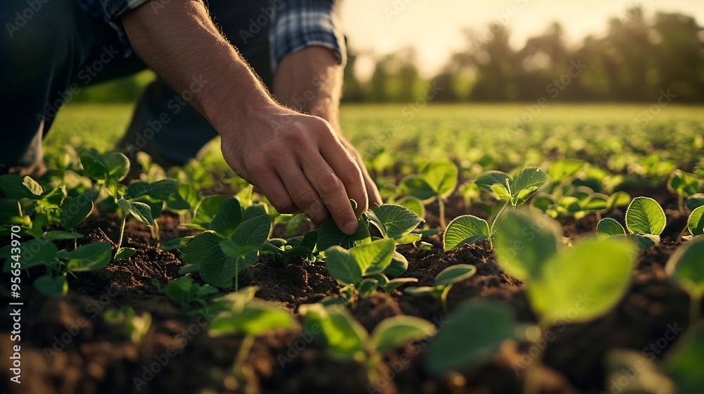 Fototapeta premium Farmer is cultivating soybean on his land He is examining progress of crops : Generative AI