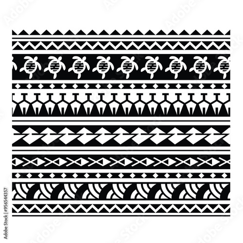 Polynesian pattern tribal tattoo border. Tribal tattoo geometric fore arm samoan band. Tattoo eps forearm samoan sleeve bracelet. Fabric seamless isolated hawaiian pattern on white background.