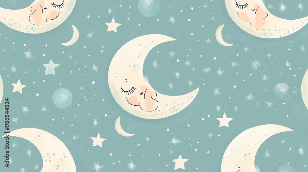 Cute celestial pattern featuring smiling moons and stars on a soothing blue background, perfect for children's decor and nursery settings Cute celestial pattern featuring smiling moons and stars on a soothing blue background, perfect for children's decor and nursery settings