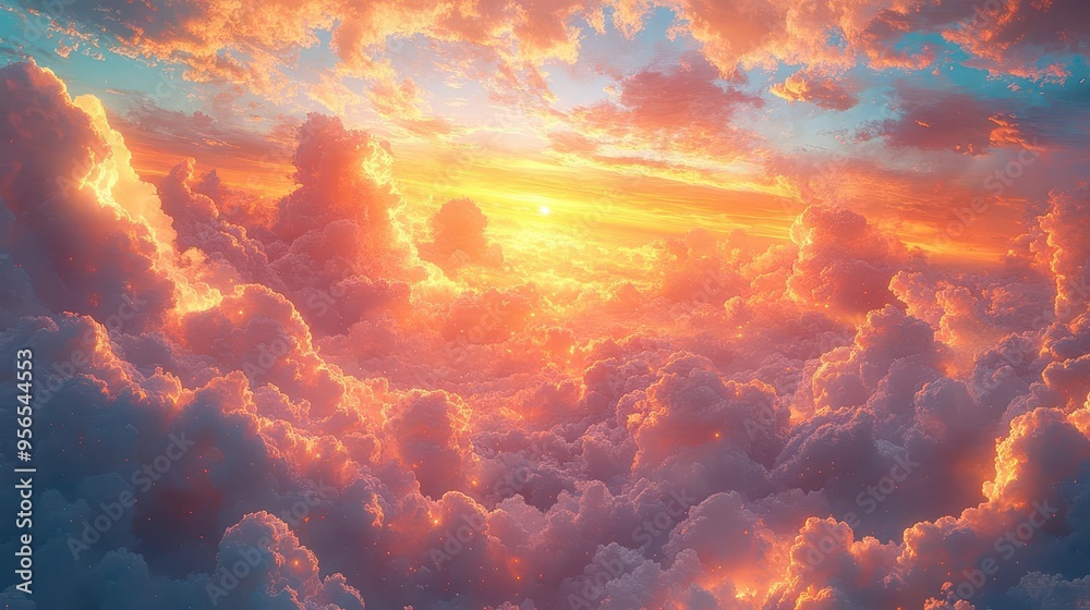 breathtaking anime skyscape with billowing cumulus clouds in pastel hues golden sunlight filters through creating a serene and otherworldly atmosphere breathtaking anime skyscape with billowing cumulus clouds in pastel hues golden sunlight filters through creating a serene and otherworldly atmosphere