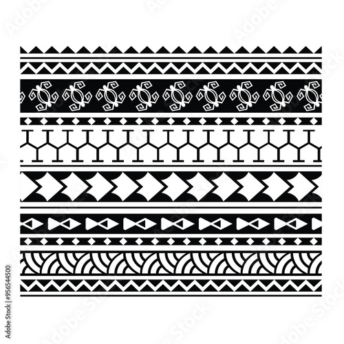 Polynesian pattern tribal tattoo border. Tribal tattoo geometric fore arm samoan band. Tattoo eps forearm samoan sleeve bracelet. Fabric seamless isolated hawaiian pattern on white background.