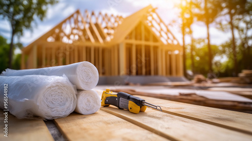 A pile of insulation material and a staple gun lying on an outdoor table, with the outline of a partially constructed house in the background. photo