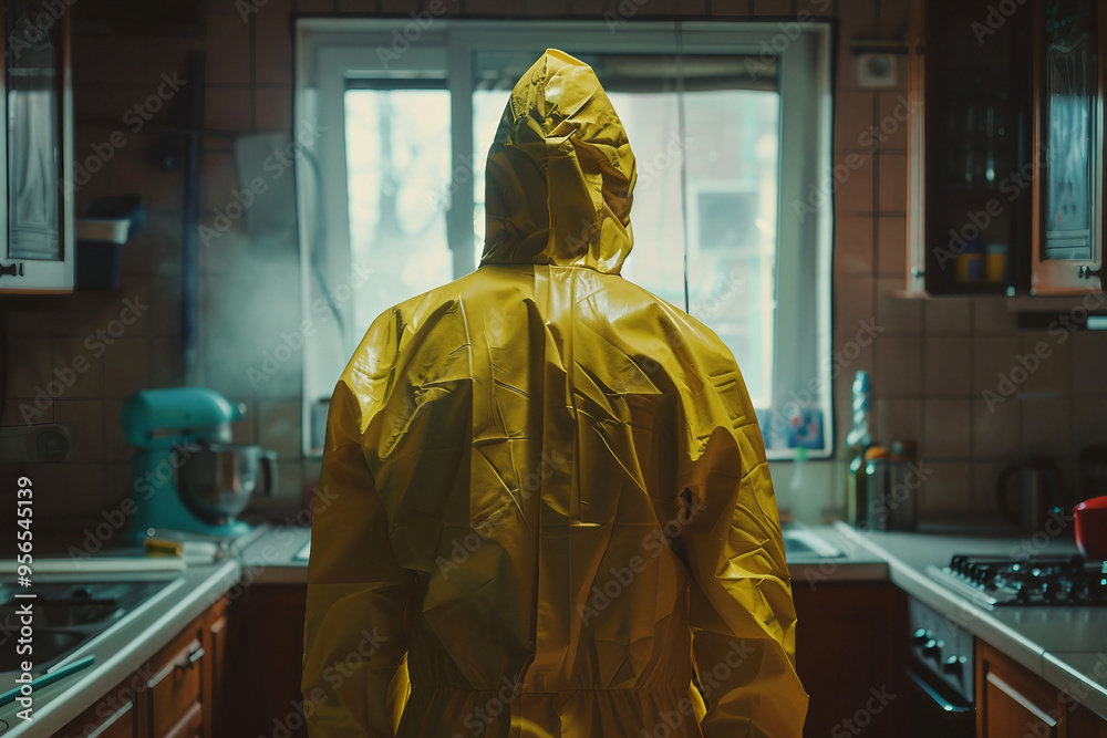 Generative AI illustration of people in biohazard protective clothes suits disinfection pollution gas radioactive elements Generative AI illustration of people in biohazard protective clothes suits disinfection pollution gas radioactive elements