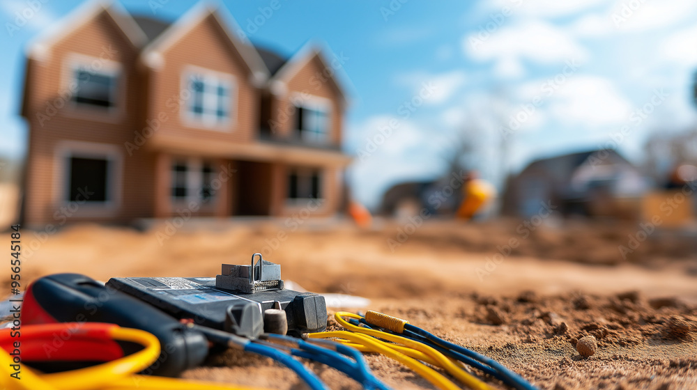 custom made wallpaper toronto digitalElectrical wires and a toolkit lying on a table outside, with a partially built house blurred in the background.