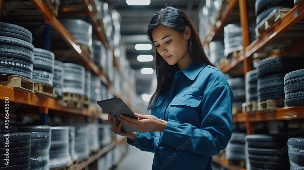 Fototapeta premium Warehouse and manufacturing concept Female warehouse worker working with tablet and inspecting quality for auto spare parts at warehouse : Generative AI