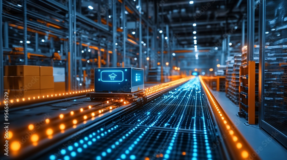 Futuristic Distribution Hub with AI Sorting Systems and Copy Space Futuristic Distribution Hub with AI Sorting Systems and Copy Space