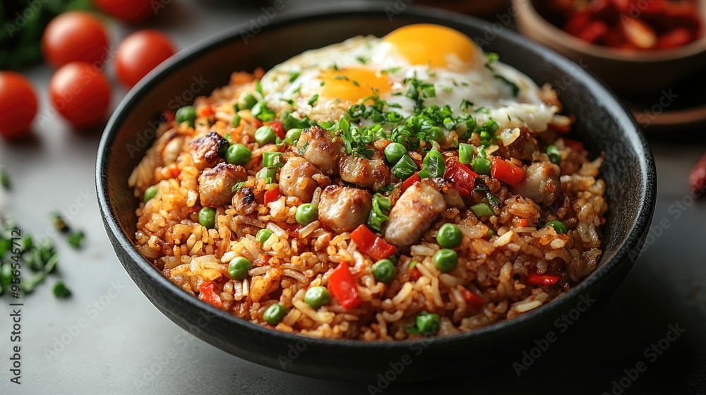 Indonesian nasi goreng fried rice on a white background Indonesian nasi goreng fried rice on a white background