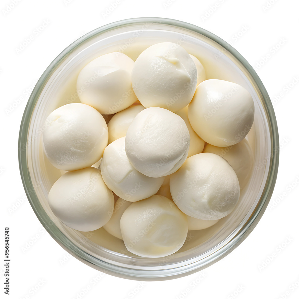 A top view clear glass Bowl of Mozzarella Cheese isolated on a transparent background A top view clear glass Bowl of Mozzarella Cheese isolated on a transparent background