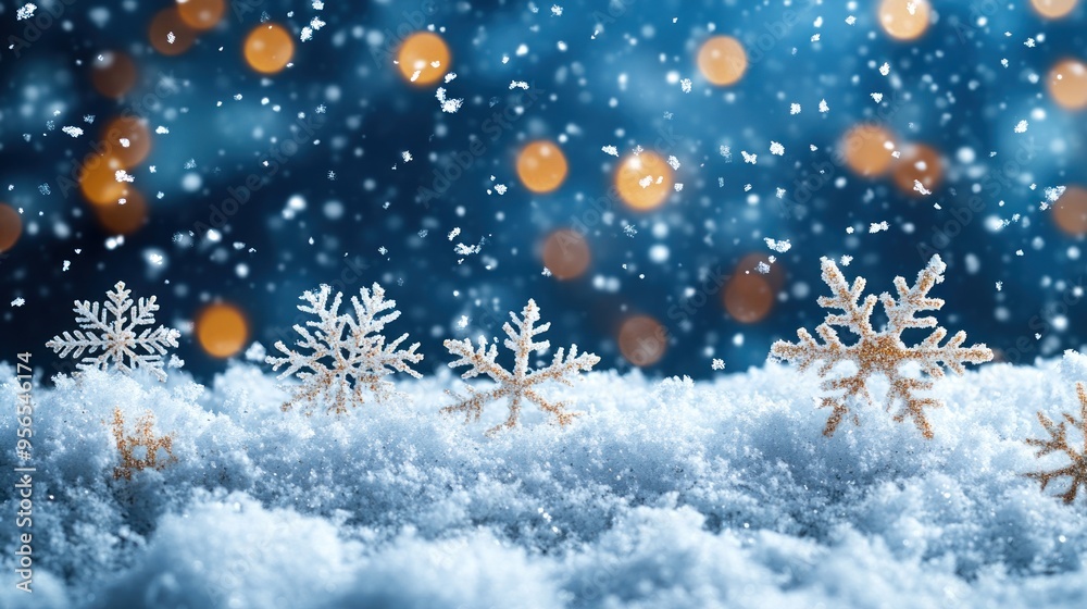 Christmas-themed snowflakes fluttering softly, creating a peaceful winter scene. Christmas-themed snowflakes fluttering softly, creating a peaceful winter scene.