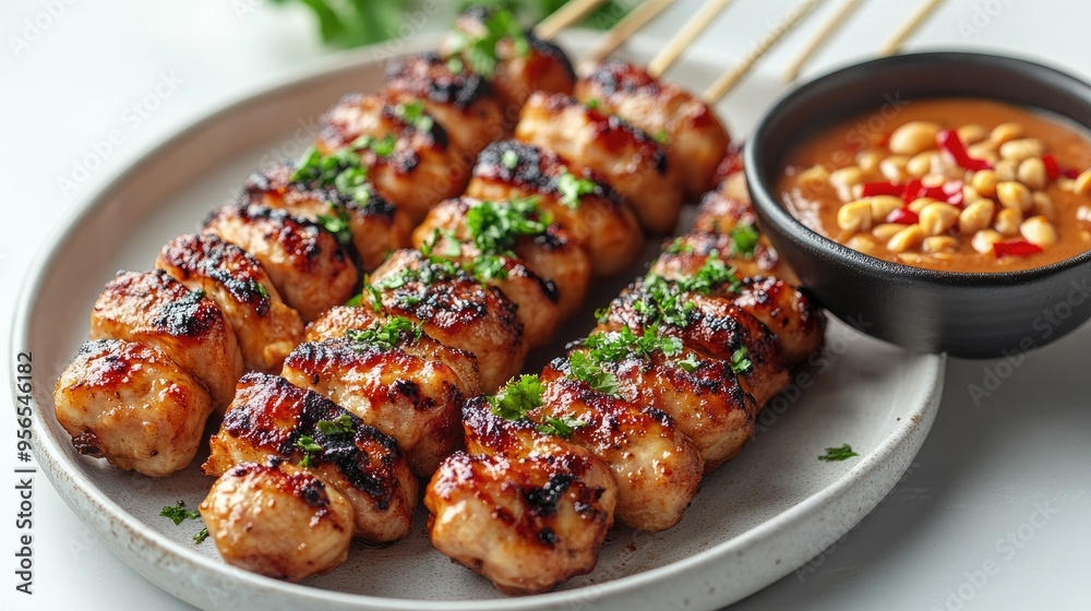 Indonesian satay skewers with peanut sauce on a white background Indonesian satay skewers with peanut sauce on a white background