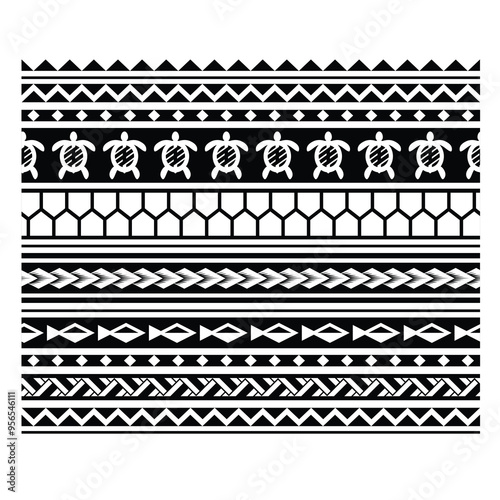 Polynesian pattern tribal tattoo border. Tribal tattoo geometric fore arm samoan band.Tattoo eps forearm samoan sleeve bracelet.Fabric seamless isolated hawaiian pattern on white background.