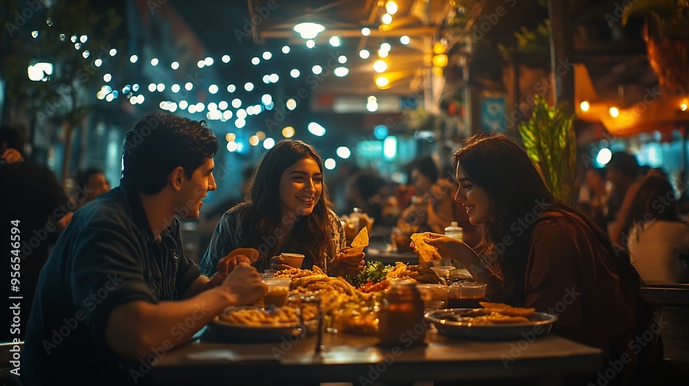 group of friends dining tacos at night in a street business : Generative AI group of friends dining tacos at night in a street business : Generative AI