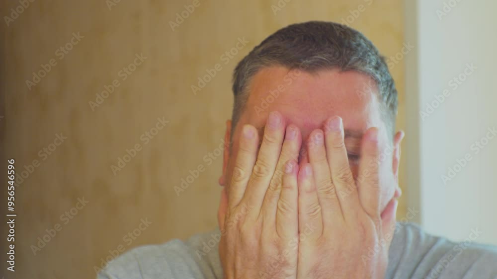 Upset man tries to put himself in order by massaging his head with his hands. Portrait of a modern person who has been subjected to negative influence. Emotional stress at work and in everyday life. Upset man tries to put himself in order by massaging his head with his hands. Portrait of a modern person who has been subjected to negative influence. Emotional stress at work and in everyday life.