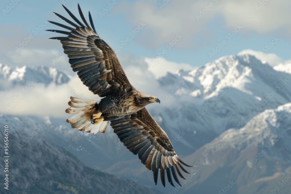 Obraz premium The bald eagle glides effortlessly against a backdrop of stunning snow-capped peaks, wings fully extended as it searches for its next meal, embodying the spirit of the great outdoors